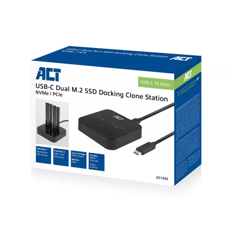 Docking e clonazione dual-SSD ACT M.2 NVMe/PCIe, USB-C 3.2 Gen2