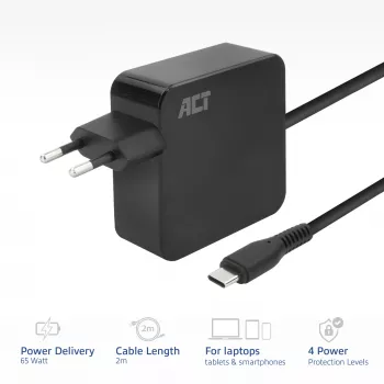 Alimentatore per laptop USB-C ACT 65W con profili Power Delivery, 2 metri