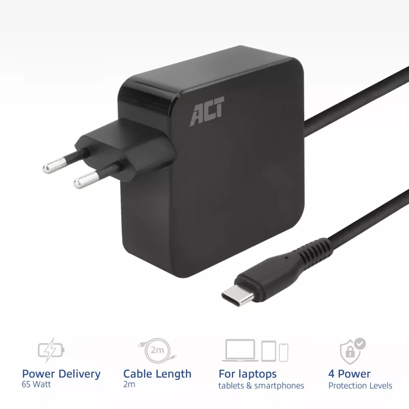 Alimentatore per laptop USB-C ACT 65W con profili Power Delivery, 2 metri