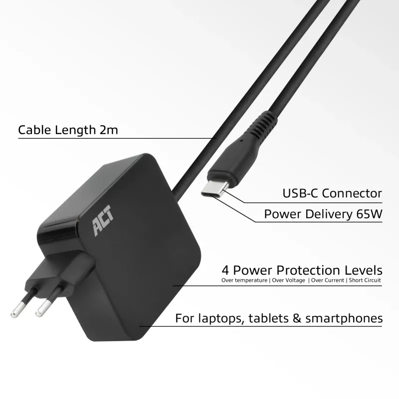 Alimentatore per laptop USB-C ACT 65W con profili Power Delivery, 2 metri