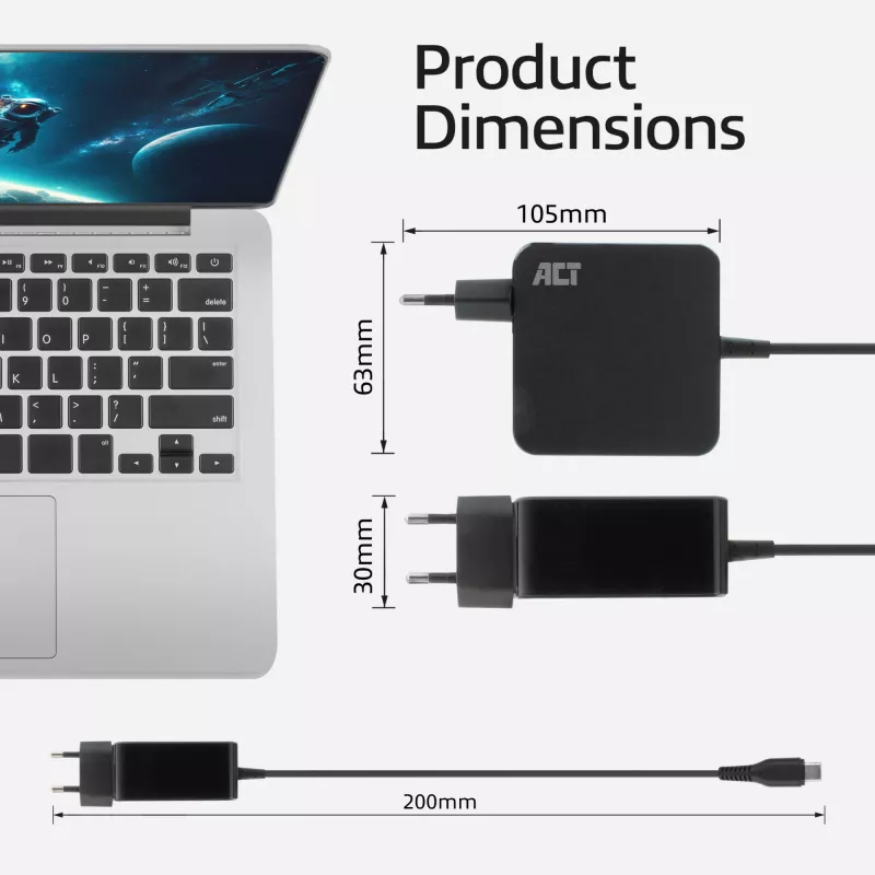Alimentatore per laptop USB-C ACT 65W con profili Power Delivery, 2 metri