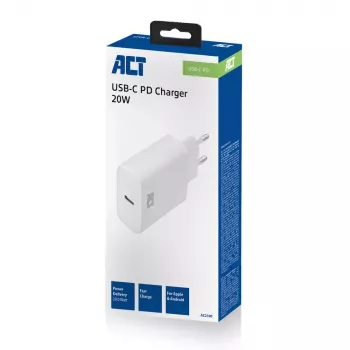 Caricabatterie compatto USB-C ACT 20W ricarica rapida uso interno universale bianco