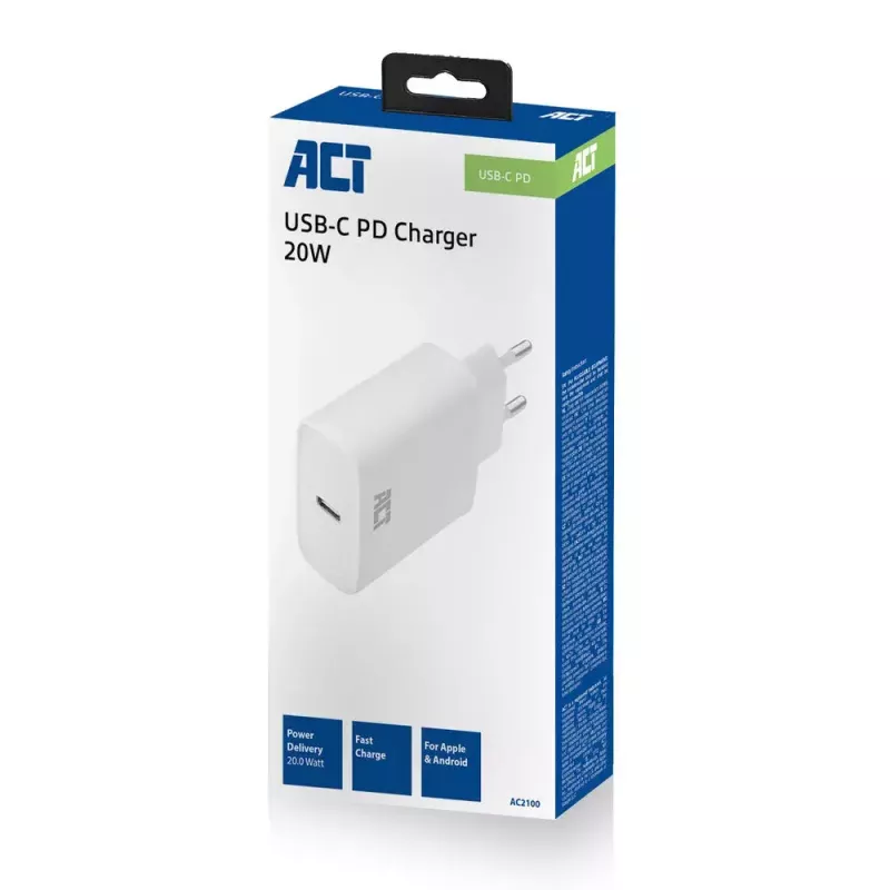 Caricabatterie compatto USB-C ACT 20W ricarica rapida uso interno universale bianco