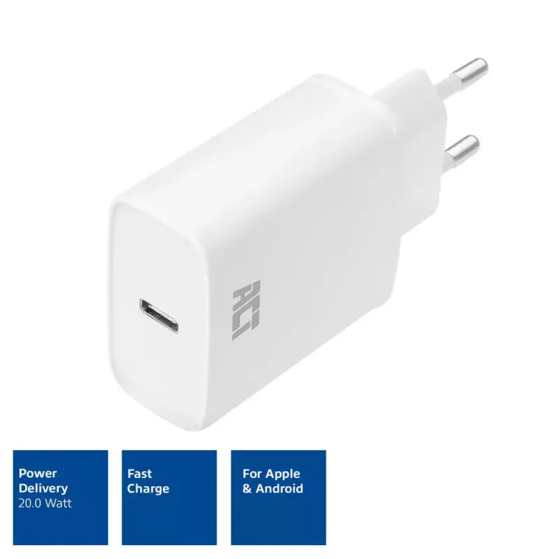 Caricabatterie compatto USB-C ACT 20W ricarica rapida uso interno universale bianco