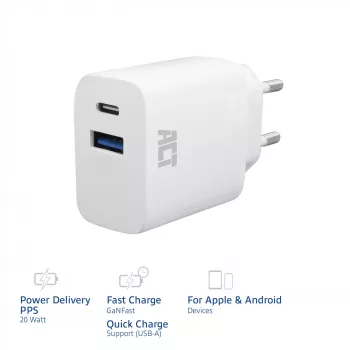 Caricabatterie USB-C e USB-A ACT 20 W con Power Delivery PPS, Quick Charge, GaNFast