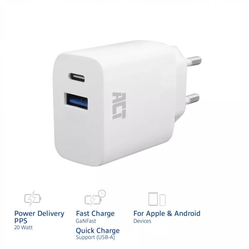 Caricabatterie USB-C e USB-A ACT 20 W con Power Delivery PPS, Quick Charge, GaNFast