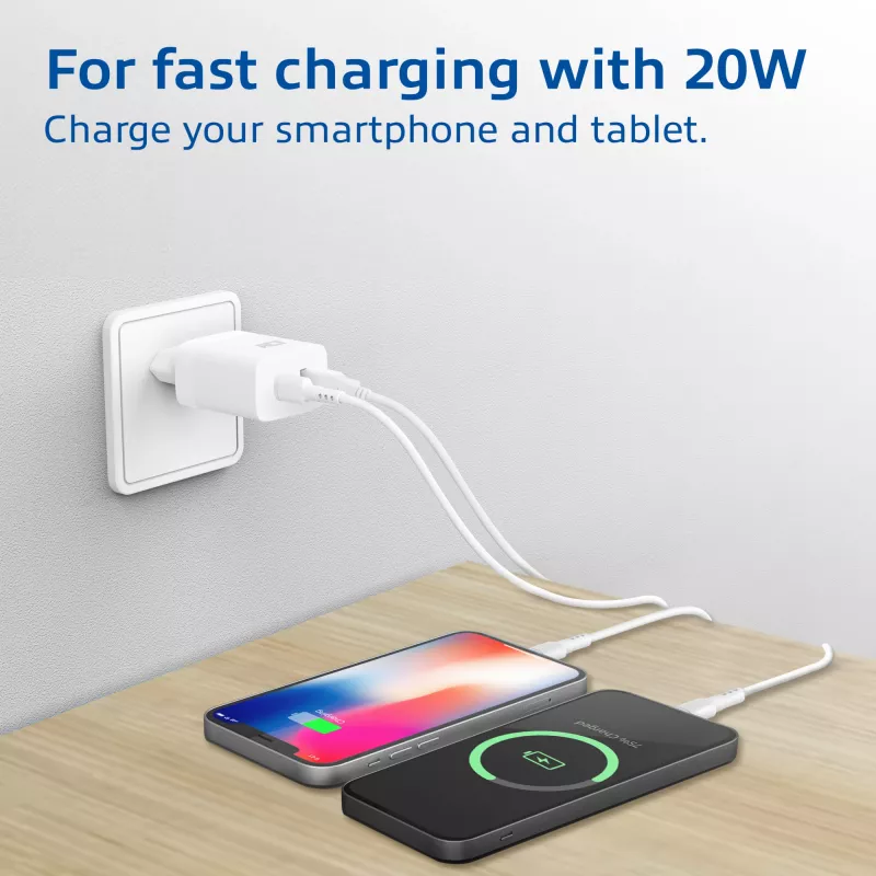 Caricabatterie USB-C e USB-A ACT 20 W con Power Delivery PPS, Quick Charge, GaNFast