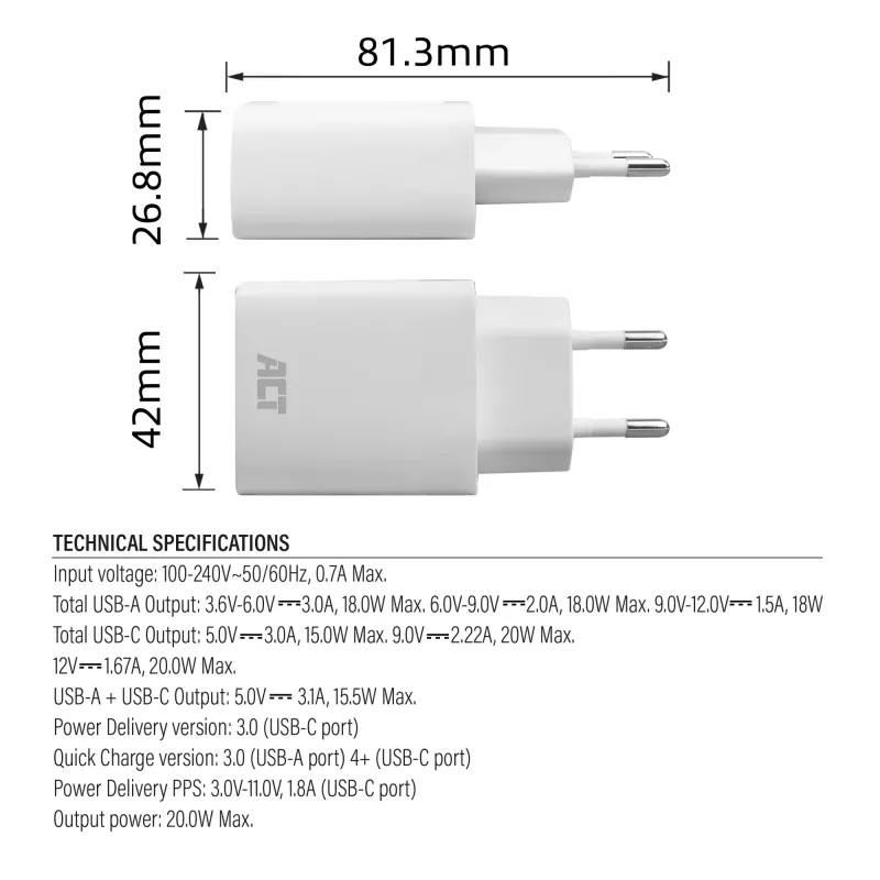 Caricabatterie USB-C e USB-A ACT 20 W con Power Delivery PPS, Quick Charge, GaNFast