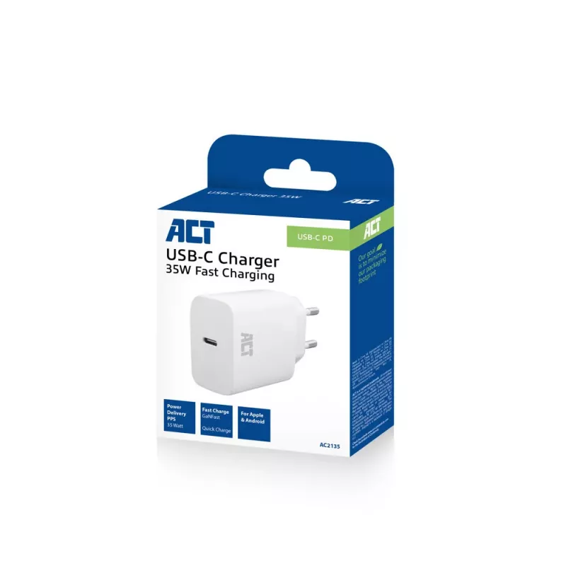 Caricabatterie USB-C ACT 35W Power Delivery PPS GaNFast universale