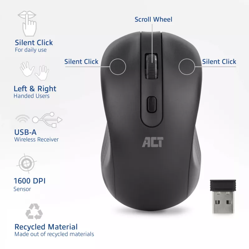 ACT AC5105 mouse wireless ambidestro, nero
