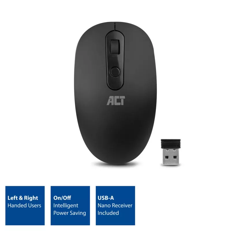 Mouse wireless ACT 1200 DPI, ambidestro, RF Wireless, 1200 DPI, nero