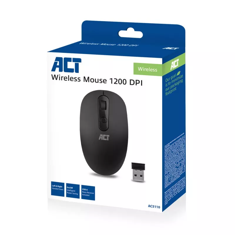 Mouse wireless ACT 1200 DPI, ambidestro, RF Wireless, 1200 DPI, nero