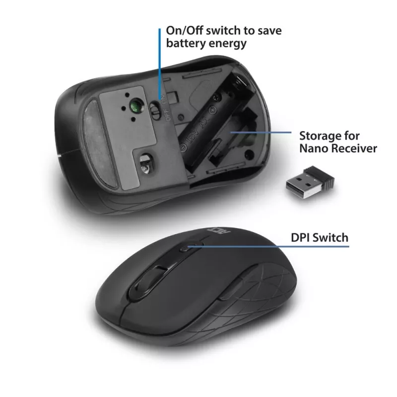 ACT AC5125 mouse wireless, ambidestro, 1600 DPI, nero