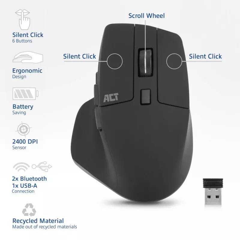 Mouse wireless Multi-Connect ACT Bluetooth o ricevitore USB-A, 2400 DPI con Silent Click, ecologico