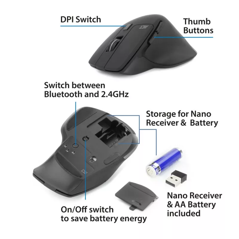 Mouse wireless Multi-Connect ACT Bluetooth o ricevitore USB-A, 2400 DPI con Silent Click, ecologico