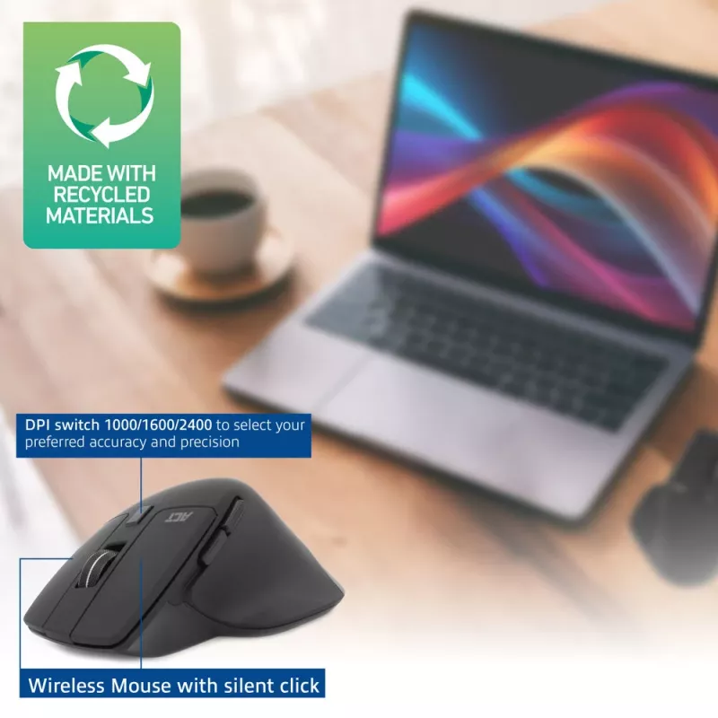 Mouse wireless Multi-Connect ACT Bluetooth o ricevitore USB-A, 2400 DPI con Silent Click, ecologico
