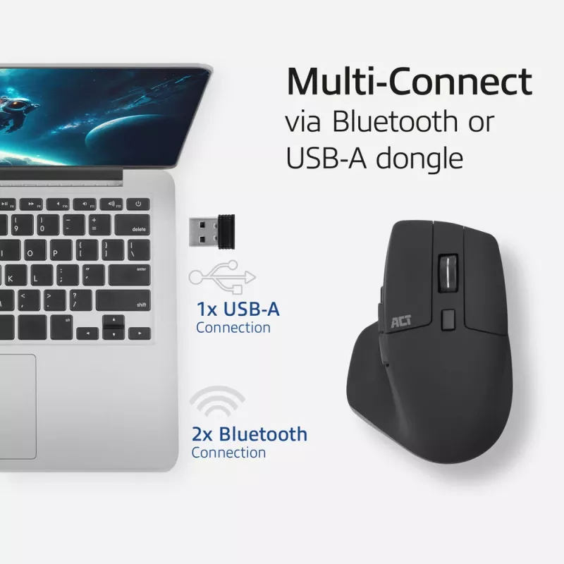 Mouse wireless Multi-Connect ACT Bluetooth o ricevitore USB-A, 2400 DPI con Silent Click, ecologico