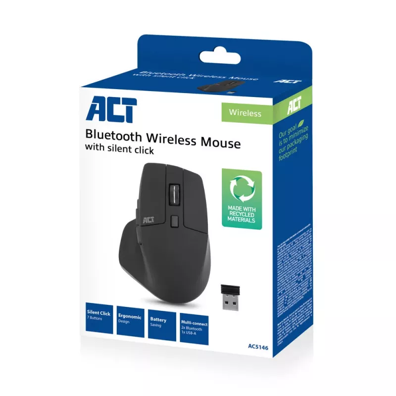 Mouse wireless Multi-Connect ACT Bluetooth o ricevitore USB-A, 2400 DPI con Silent Click, ecologico