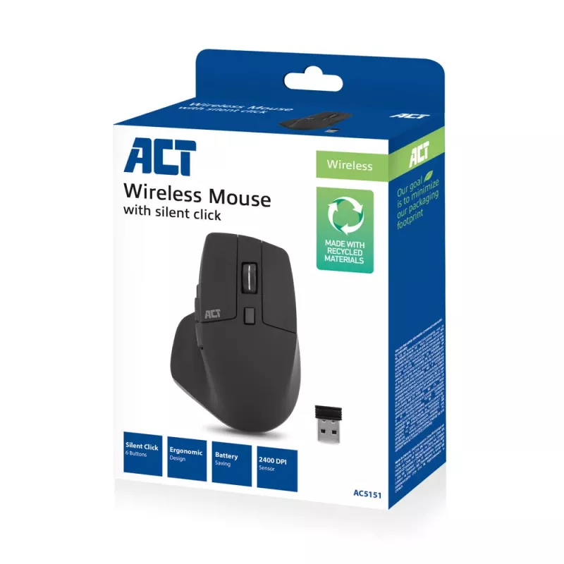 Mouse wireless ACT 2400 DPI con clic silenziosi, ecologico, in materiali riciclati