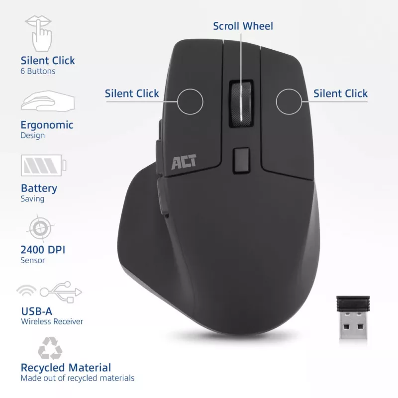 Mouse wireless ACT 2400 DPI con clic silenziosi, ecologico, in materiali riciclati