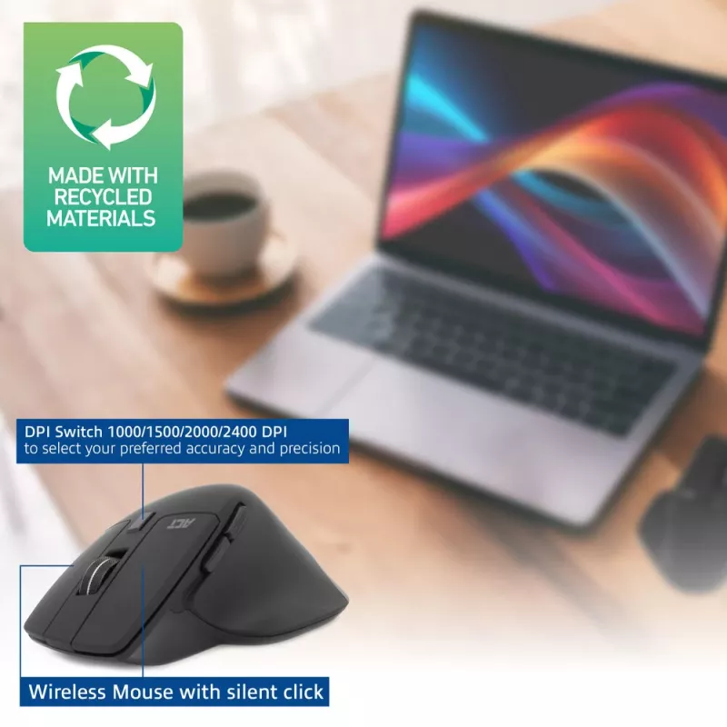 Mouse wireless ACT 2400 DPI con clic silenziosi, ecologico, in materiali riciclati