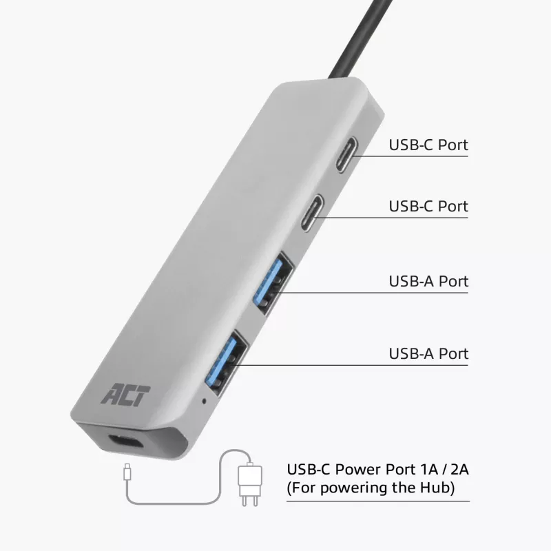Hub USB ACT AC6125 3.2 Gen 1 Type-A 5000 Mbit/s grigio
