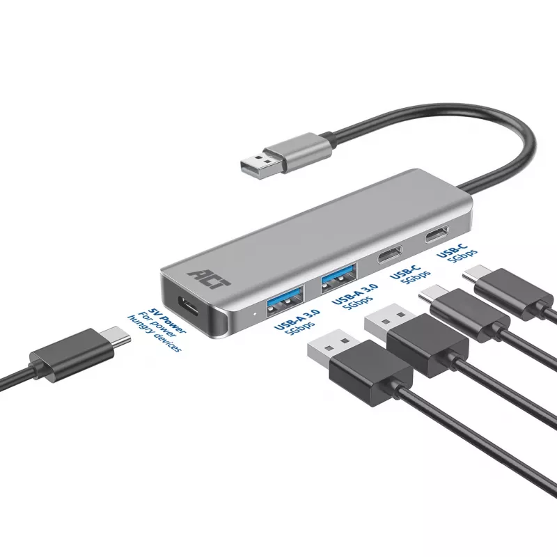 Hub USB ACT AC6125 3.2 Gen 1 Type-A 5000 Mbit/s grigio