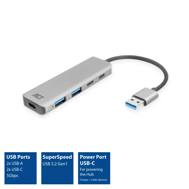Hub USB ACT AC6125 3.2 Gen 1 Type-A 5000 Mbit/s grigio