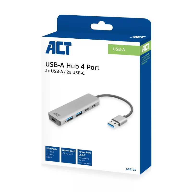 Hub USB ACT AC6125 3.2 Gen 1 Type-A 5000 Mbit/s grigio