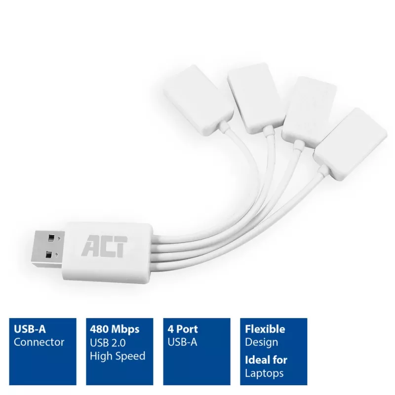 Hub USB ACT 4 porte USB-A flessibile USB 3.2 Gen 1 bianco 480 Mbit/s