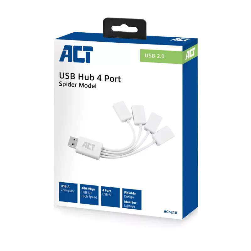 Hub USB ACT 4 porte USB-A flessibile USB 3.2 Gen 1 bianco 480 Mbit/s