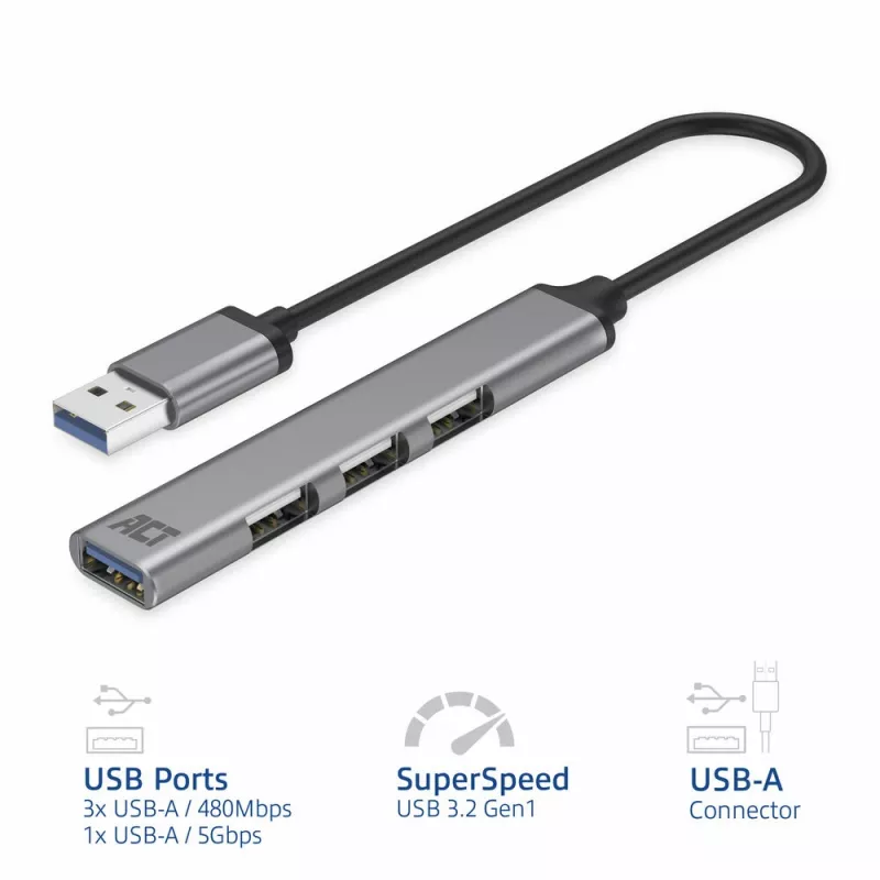 Hub USB 3.2 Gen 1 ACT AC6325 Type-A 5000 Mbit/s grigio