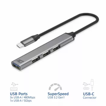 Hub USB ACT AC6425 Type-C 5000 Mbit/s alluminio grigio