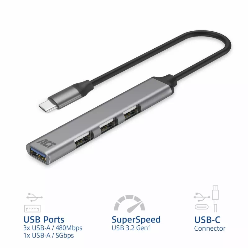 Hub USB ACT AC6425 Type-C 5000 Mbit/s alluminio grigio