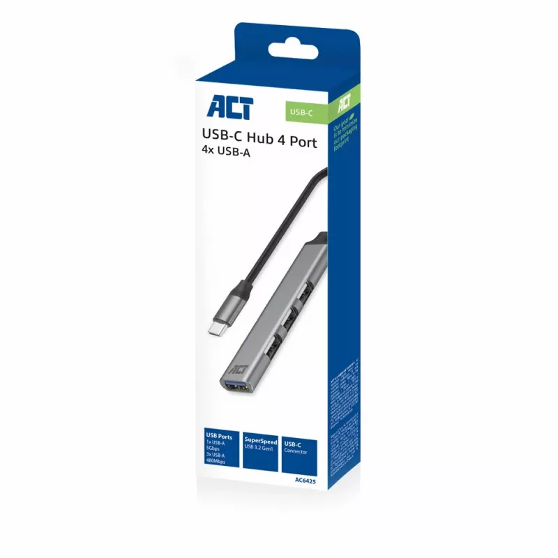 Hub USB ACT AC6425 Type-C 5000 Mbit/s alluminio grigio