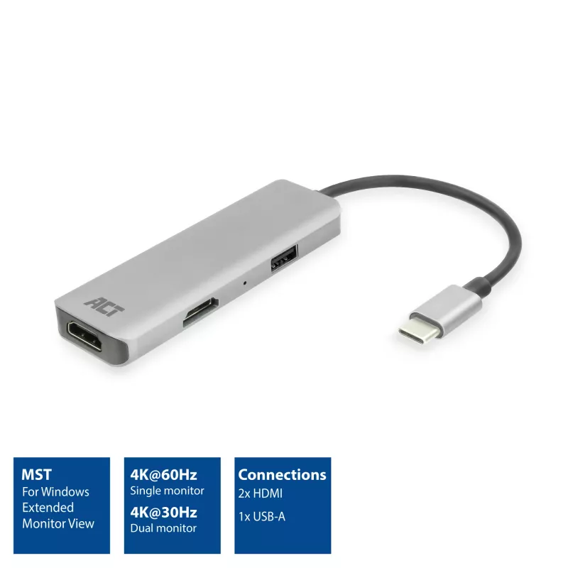 Adattatore multiporta ACT USB-C 4K per 2 monitor HDMI, porta dati USB-A
