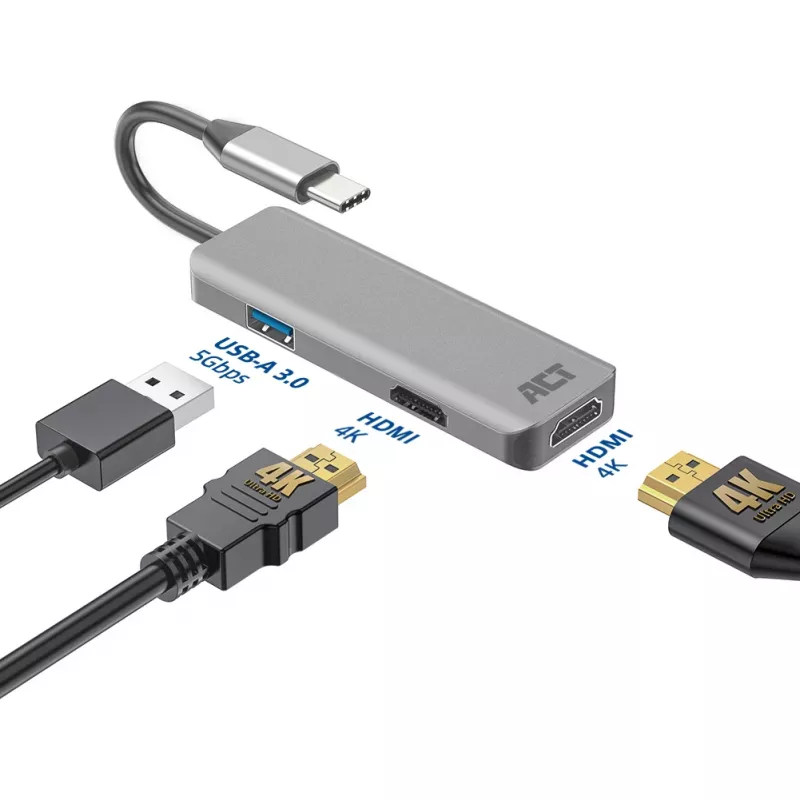 Adattatore multiporta ACT USB-C 4K per 2 monitor HDMI, porta dati USB-A