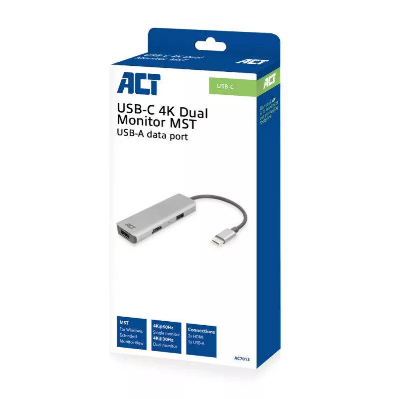 Adattatore multiporta ACT USB-C 4K per 2 monitor HDMI, porta dati USB-A