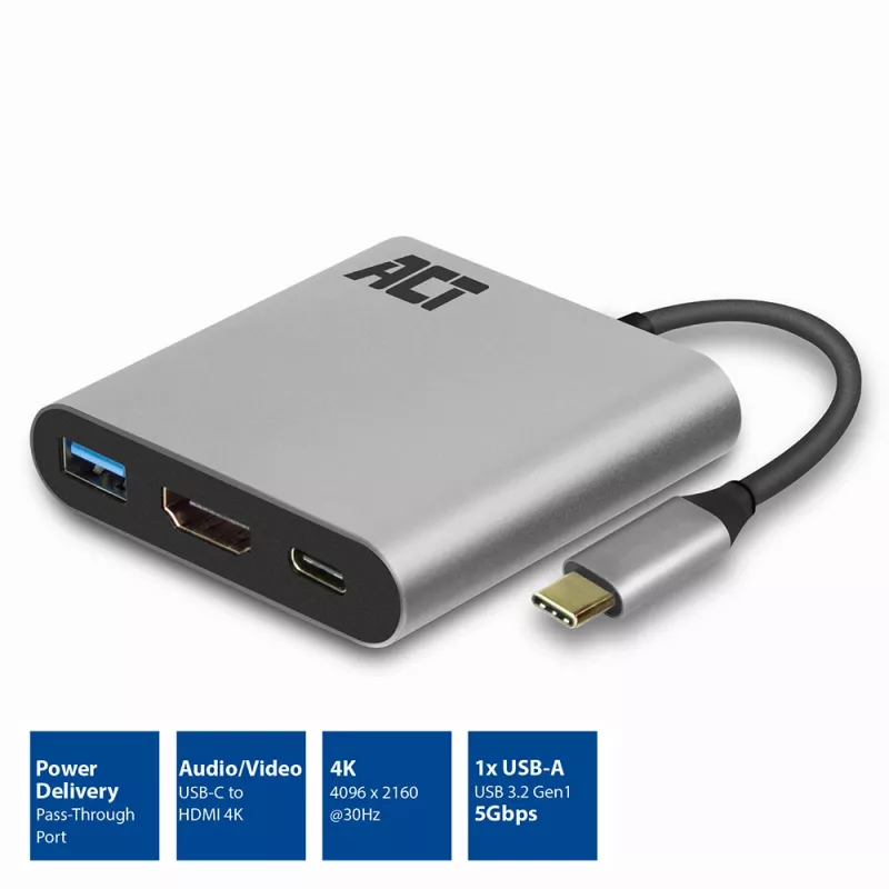 Adattatore multiporta ACT USB-C per 1 monitor HDMI, 1x USB-A, pass-through PD