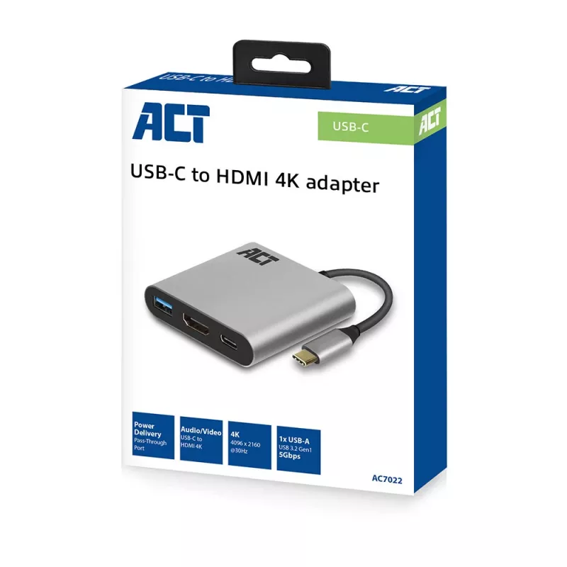 Adattatore multiporta ACT USB-C per 1 monitor HDMI, 1x USB-A, pass-through PD