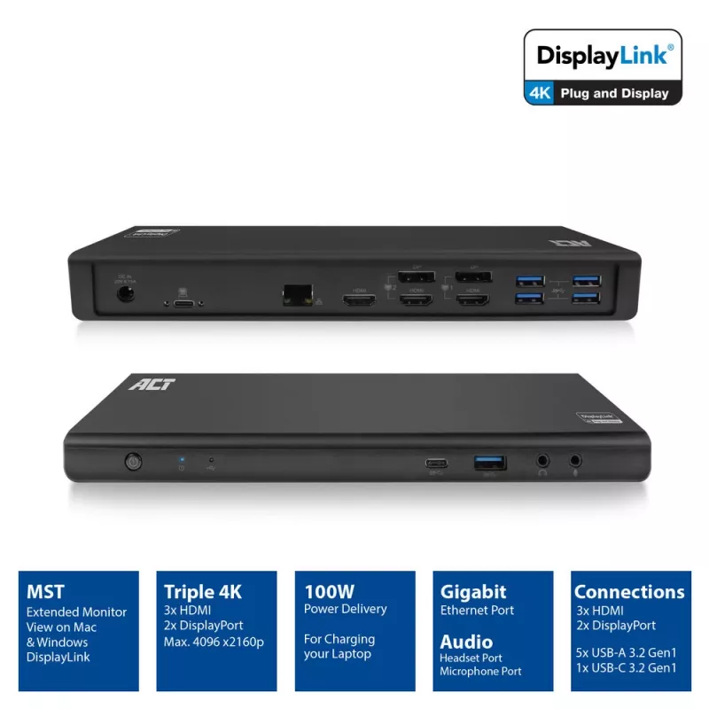 Docking station ACT USB-C 4K, per 2 o 3 monitor HDMI/DisplayPort, DisplayLink