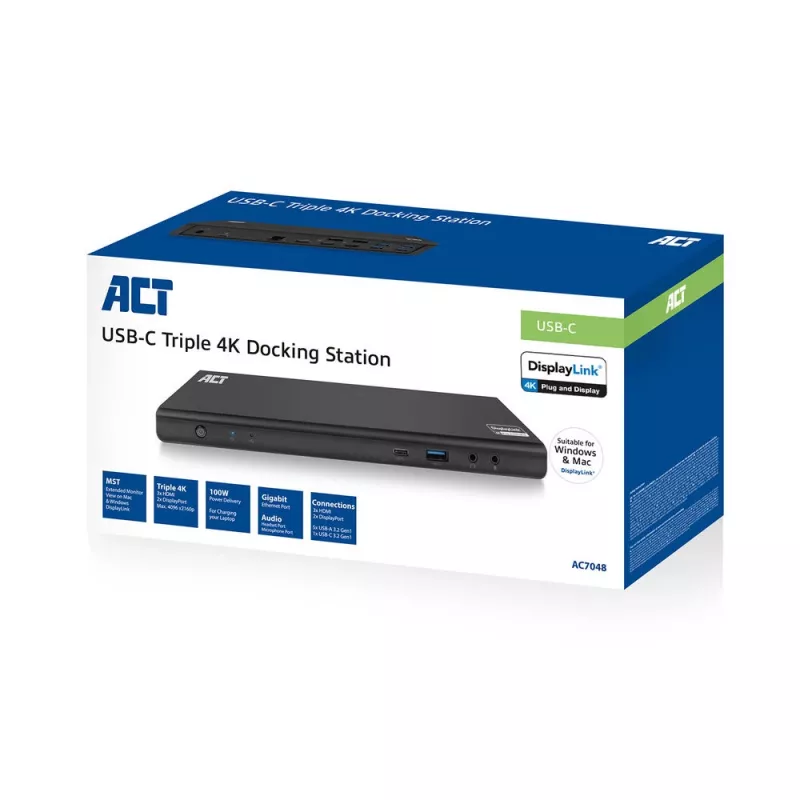 Docking station ACT USB-C 4K, per 2 o 3 monitor HDMI/DisplayPort, DisplayLink