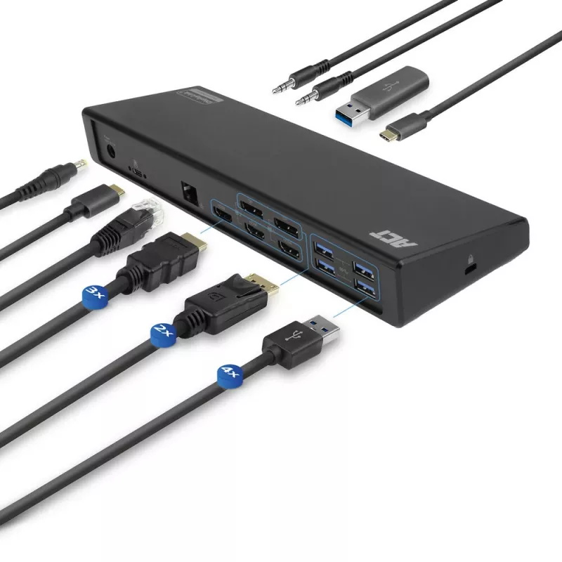 Docking station ACT USB-C 4K, per 2 o 3 monitor HDMI/DisplayPort, DisplayLink