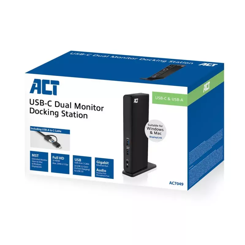 Docking station universale ACT USB-C o USB-A, per 2 monitor HDMI, DisplayLink