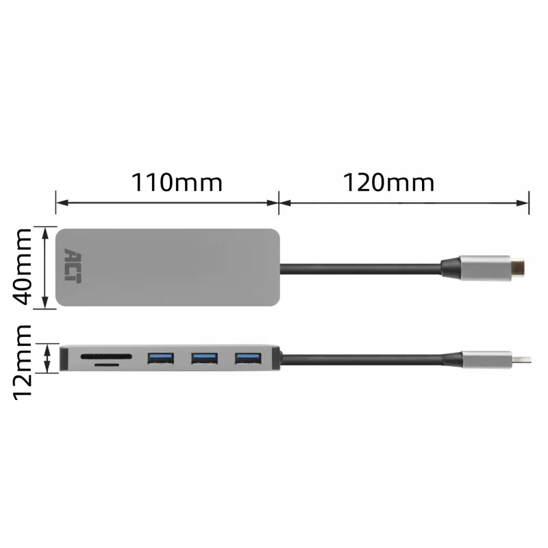 Hub ACT USB-C 3.0, 3x USB-A, lettore di schede, pass-through PD