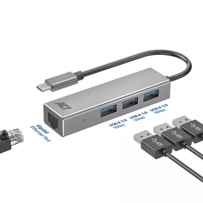 Hub USB-C ACT AC7055 3x USB-A Gigabit Ethernet