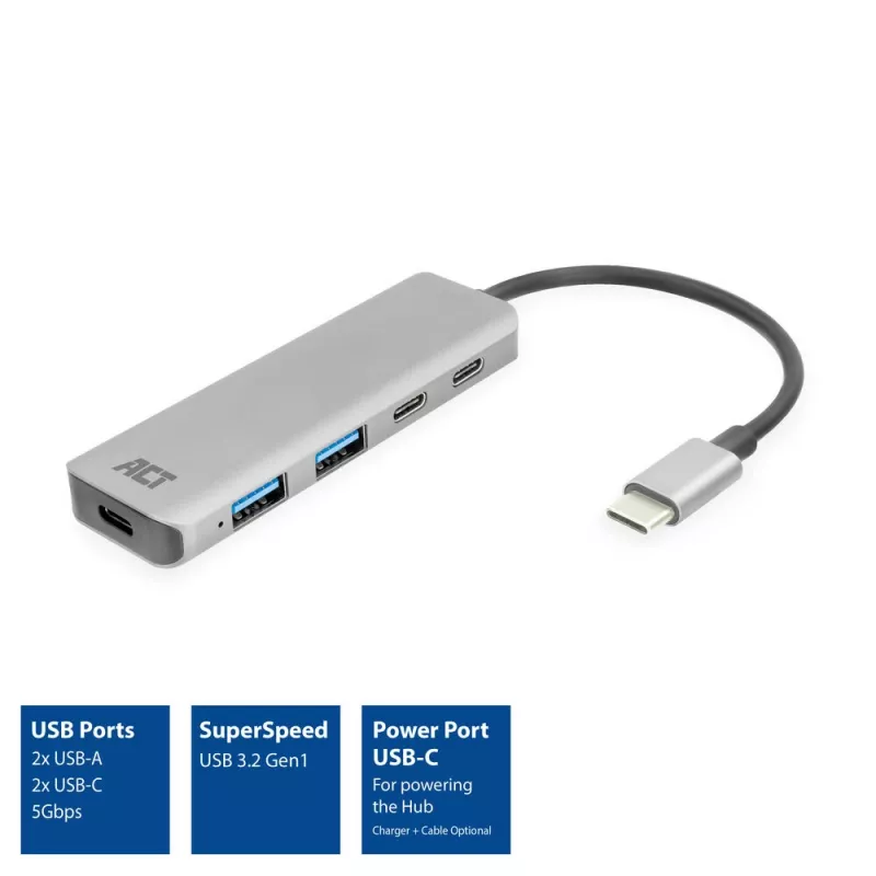 Hub ACT AC7072 USB 3.2 Gen 1 Type-C 5000 Mbit/s nero grigio