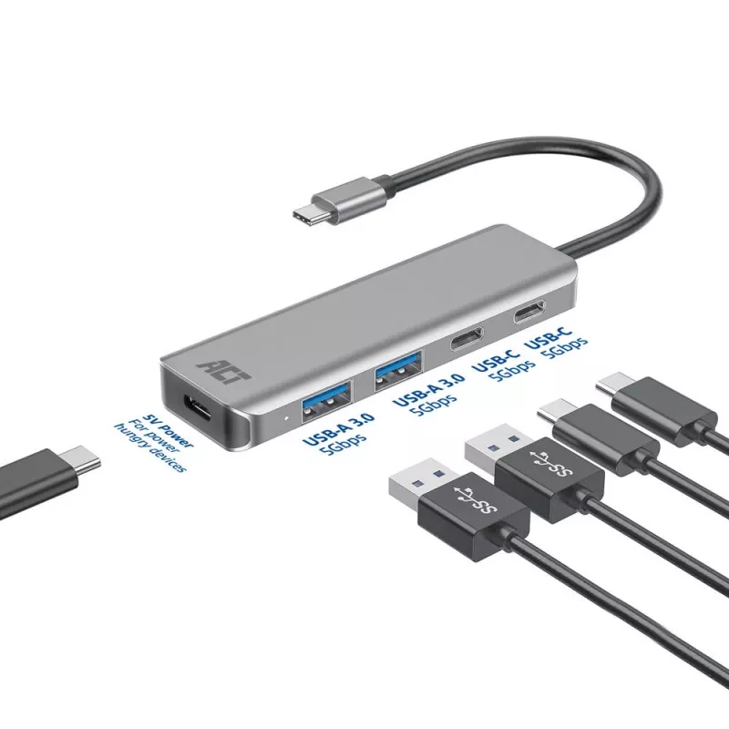 Hub ACT AC7072 USB 3.2 Gen 1 Type-C 5000 Mbit/s nero grigio
