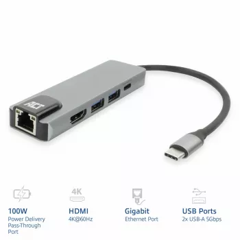 Docking station ACT USB-C 4K per 1 monitor HDMI, Ethernet, USB-A, pass-through PD