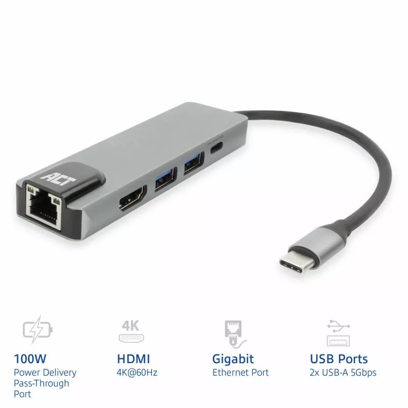 Docking station ACT USB-C 4K per 1 monitor HDMI, Ethernet, USB-A, pass-through PD